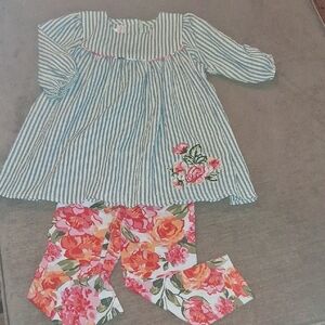 Striped Floral Embroidered Top and Floral Leggings Set